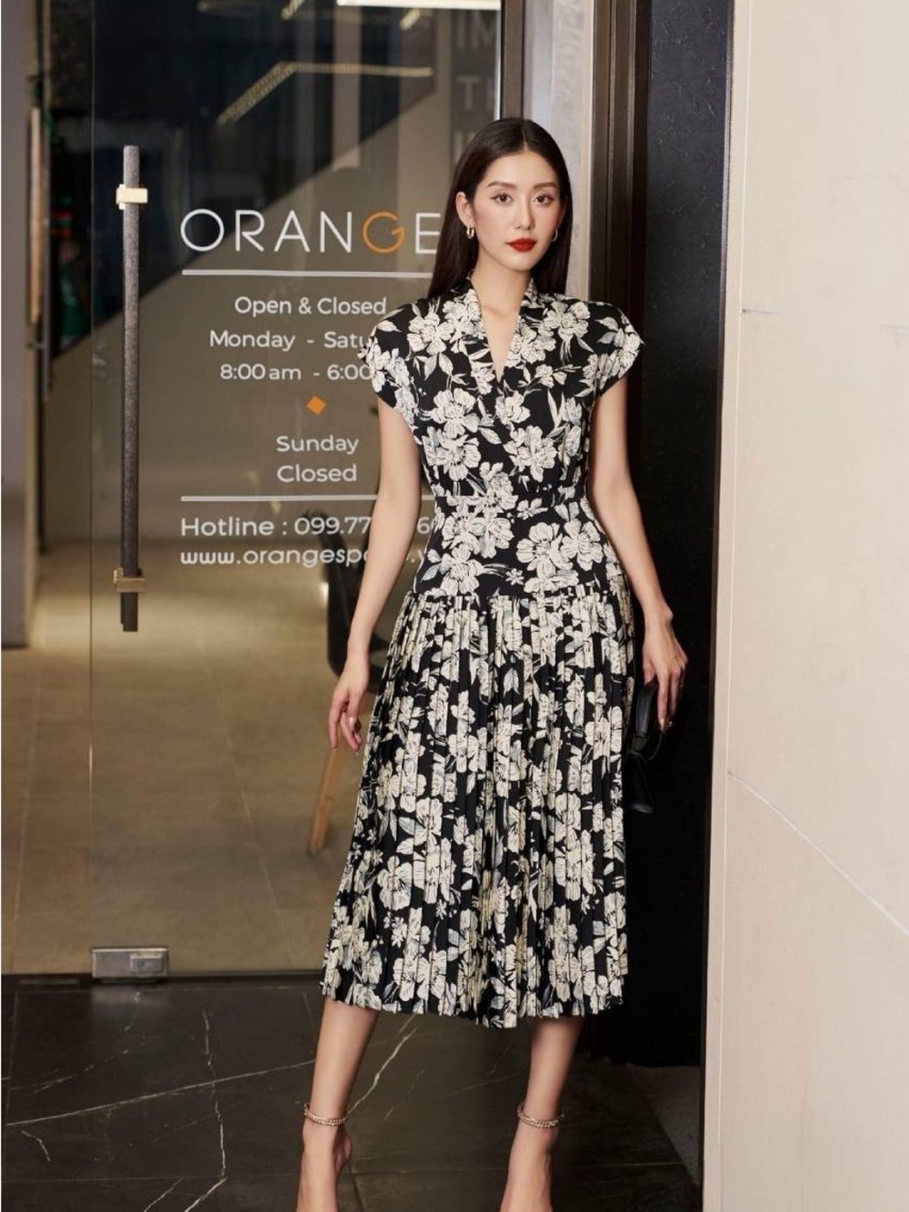 Floral V-Neck Pleated Midi Dress - Black & Cream